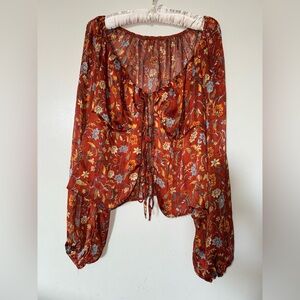 Blue and Brown Ruffled Tie Front Blouse